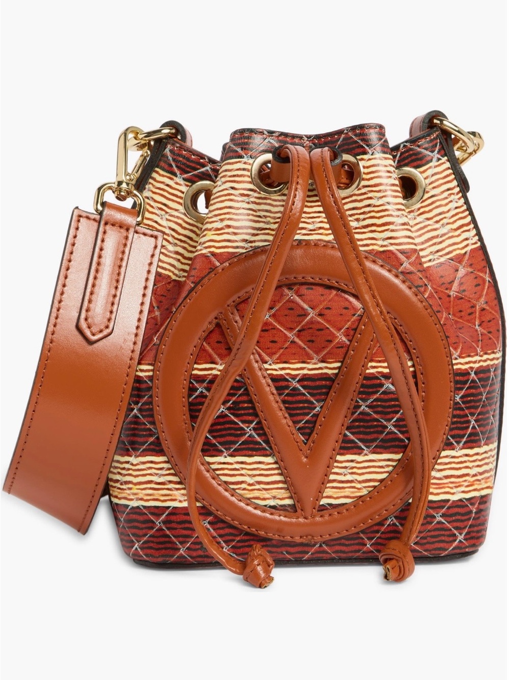 Valentino By Mario Valentino Red and Tan Woven Drawstring Bucket Bag
